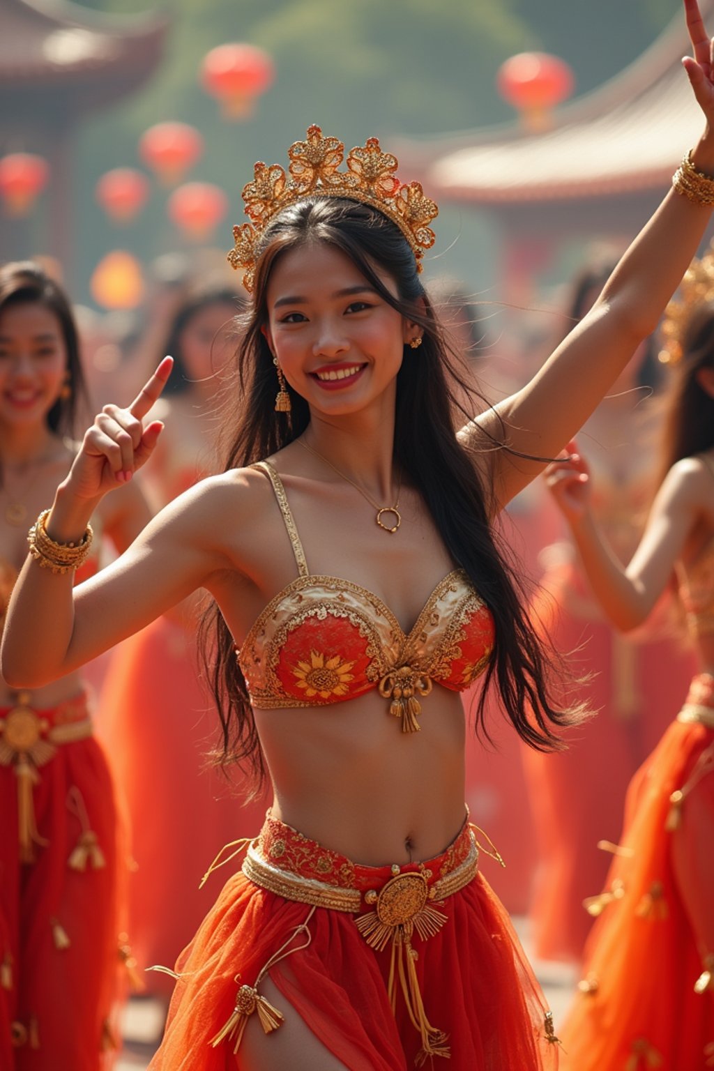 a woman in a festival-inspired outfit, dancing with a group of friends , capturing the energetic and lively atmosphere