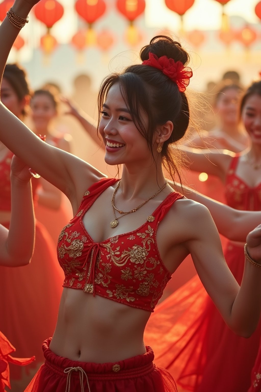 a woman in a festival-inspired outfit, dancing with a group of friends , capturing the energetic and lively atmosphere