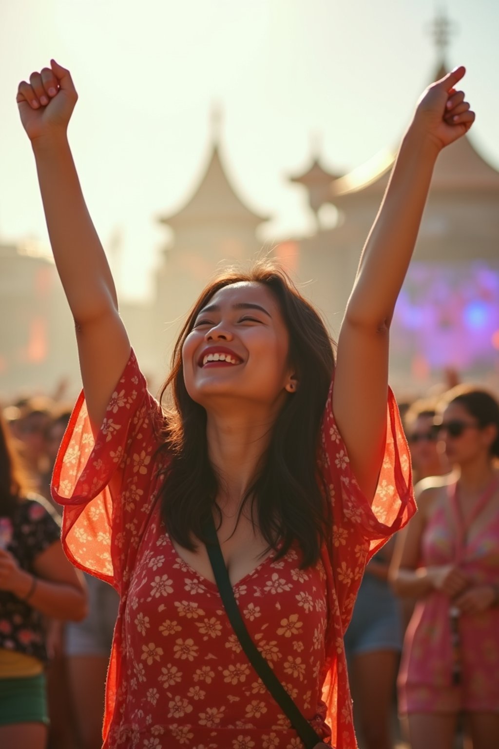 a woman enjoying the live music on a sunny day, surrounded by colorful festival-goers  and raising their hands in excitement