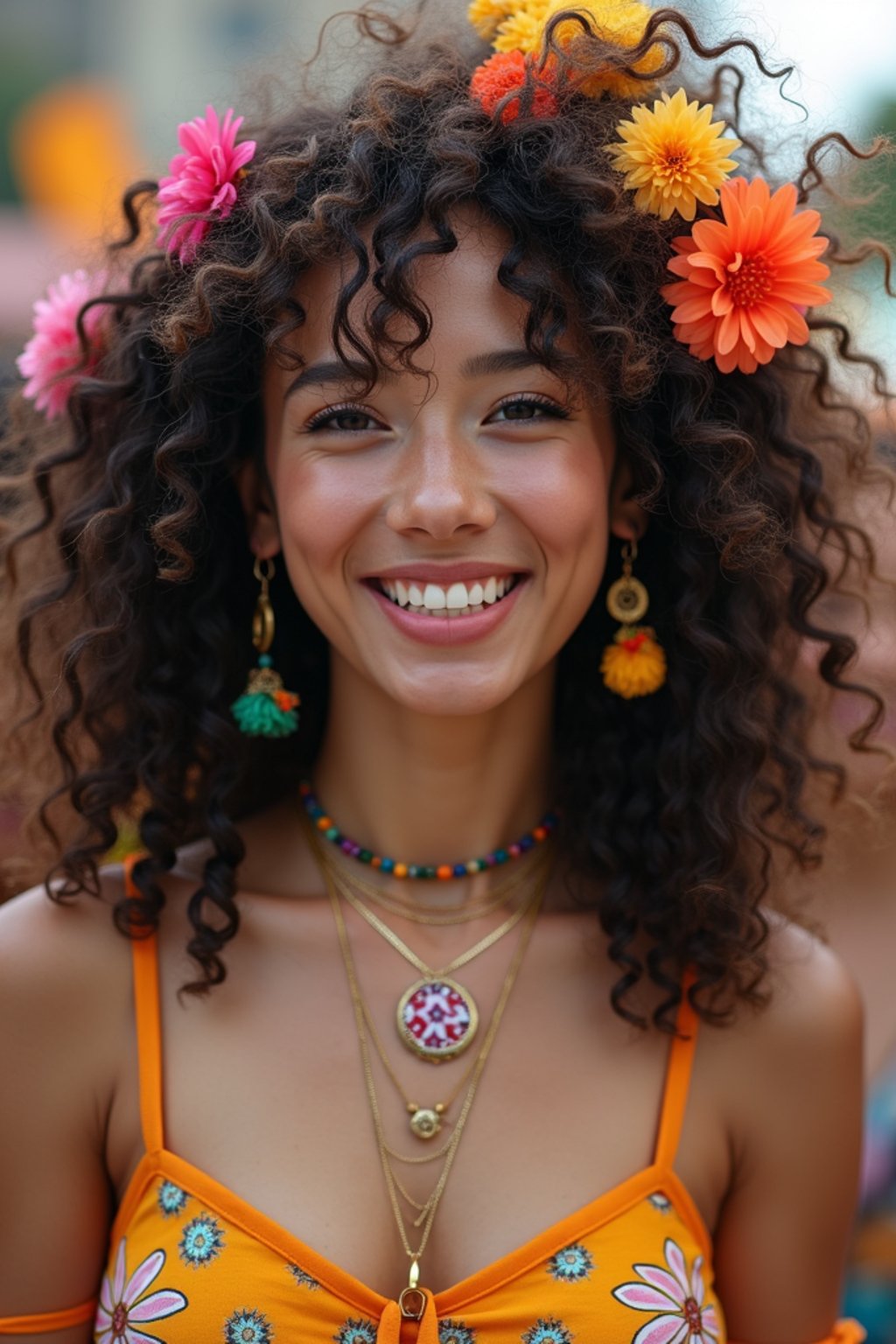 a stunning woman with flowing curly hair and flower accessories , capturing the essence of festival fashion and individuality