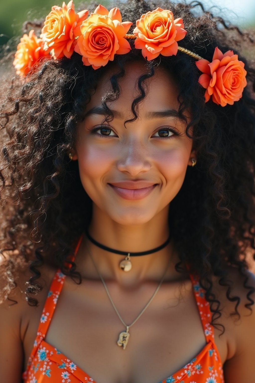 a stunning woman with flowing curly hair and flower accessories , capturing the essence of festival fashion and individuality