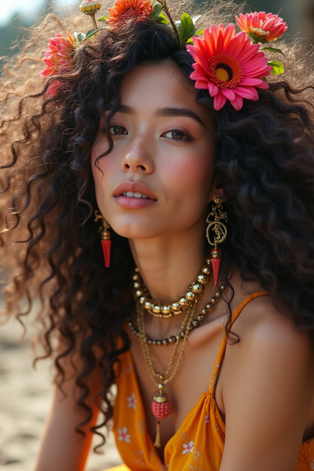 a stunning woman with flowing curly hair and flower accessories , capturing the essence of festival fashion and individuality