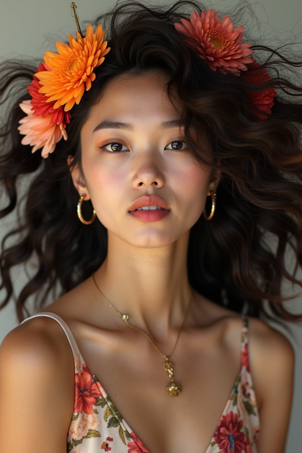 a stunning woman with flowing curly hair and flower accessories , capturing the essence of festival fashion and individuality