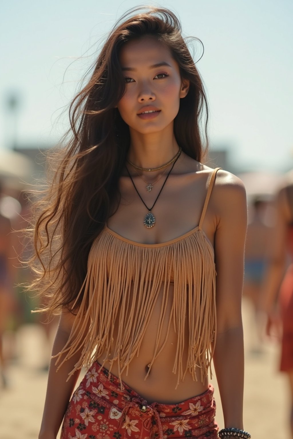 a woman in a fringed crop top and high-waisted shorts , embodying the free-spirited and carefree nature of a music festival