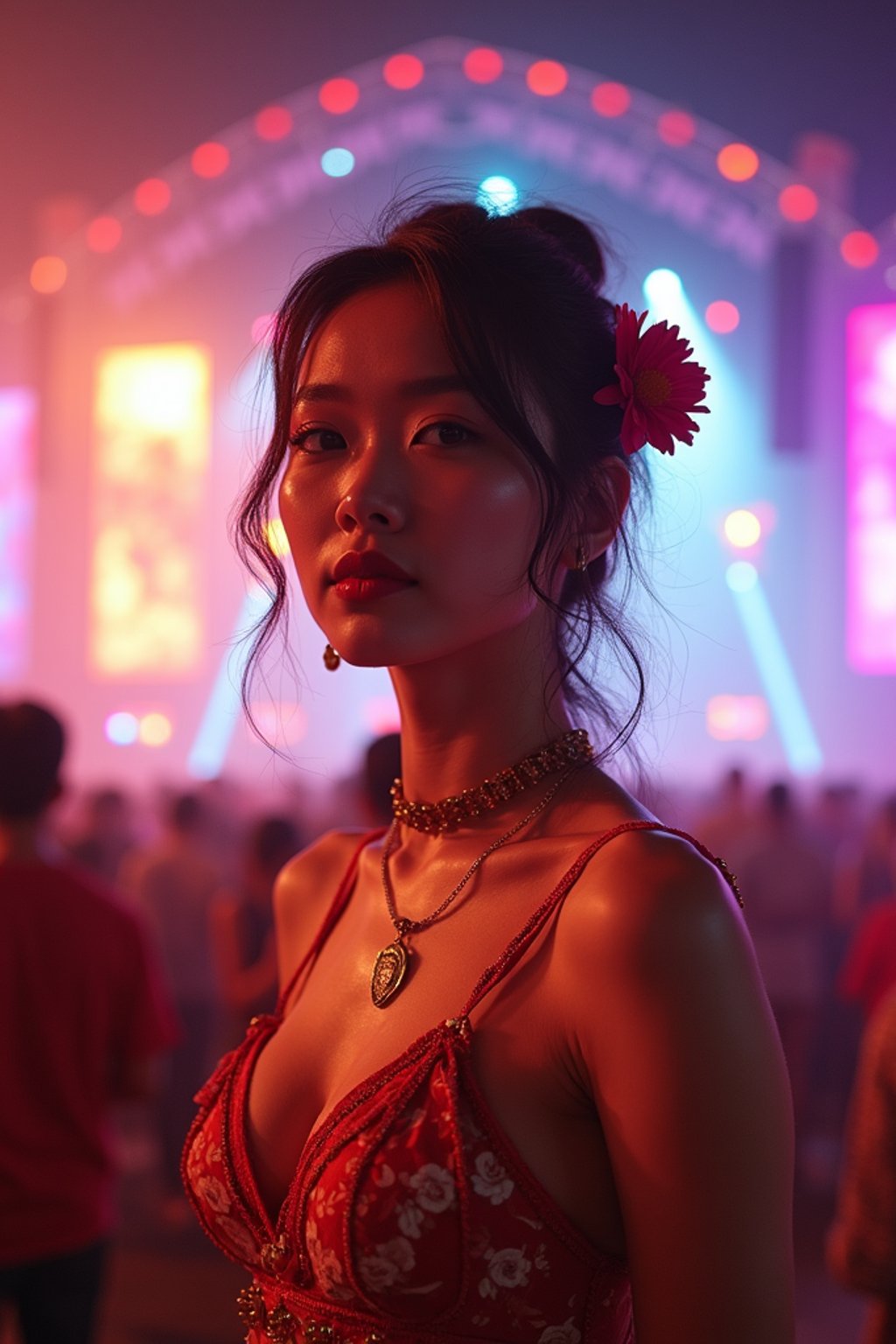 an incredibly attractive woman in a festival outfit, embracing the festival vibes and posing against a backdrop of colorful stage lights and decorations