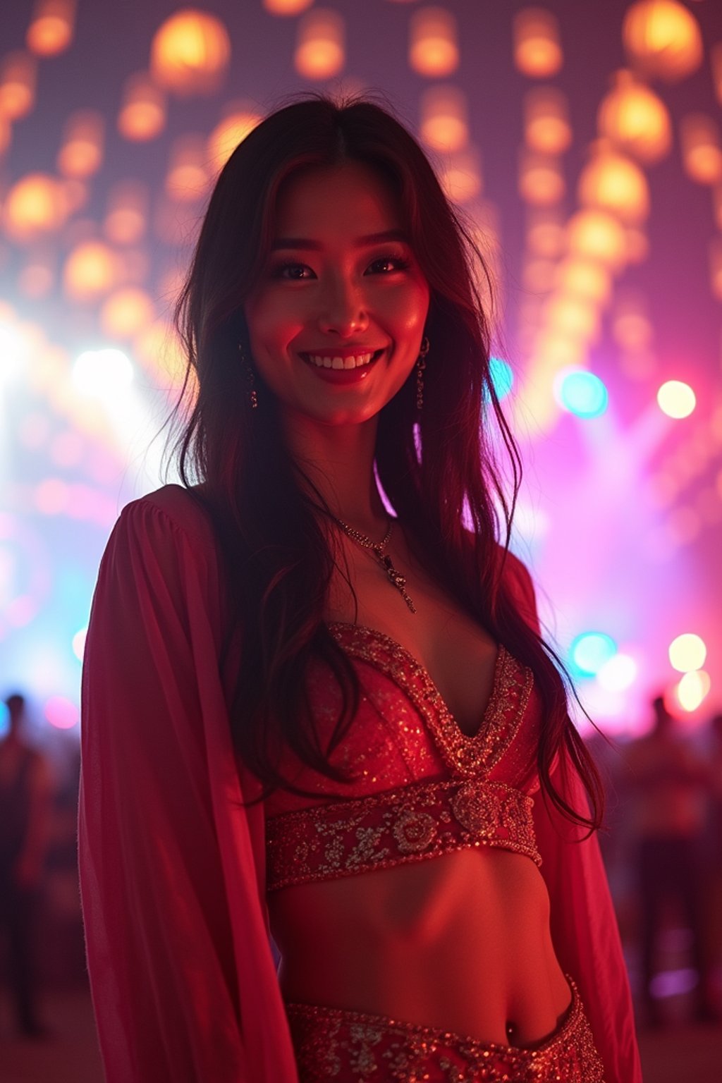 an incredibly attractive woman in a festival outfit, embracing the festival vibes and posing against a backdrop of colorful stage lights and decorations