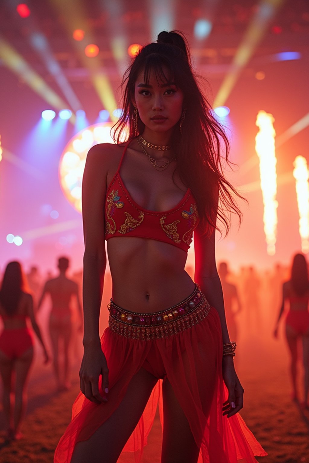 an incredibly attractive woman in a festival outfit, embracing the festival vibes and posing against a backdrop of colorful stage lights and decorations