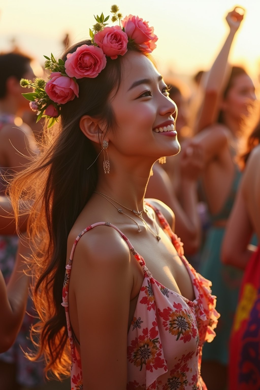 a stunning woman as a festival-goer, dancing and enjoying the music in a vibrant crowd, wearing a boho chic dress and flower crown