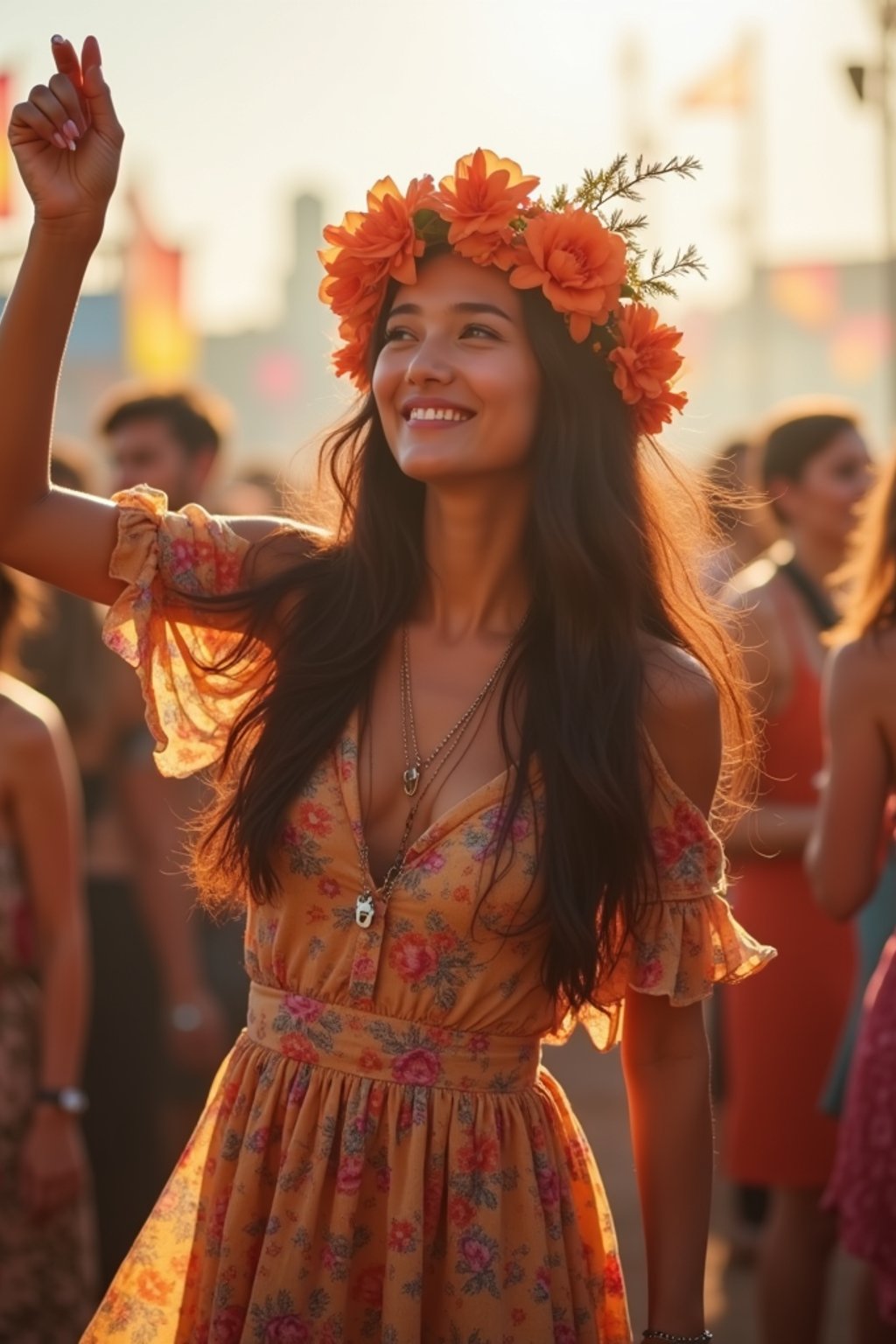 a stunning woman as a festival-goer, dancing and enjoying the music in a vibrant crowd, wearing a boho chic dress and flower crown