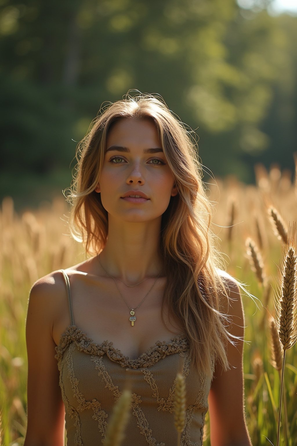 woman outside in nature in forest or jungle or a field of wheat enjoying the natural world