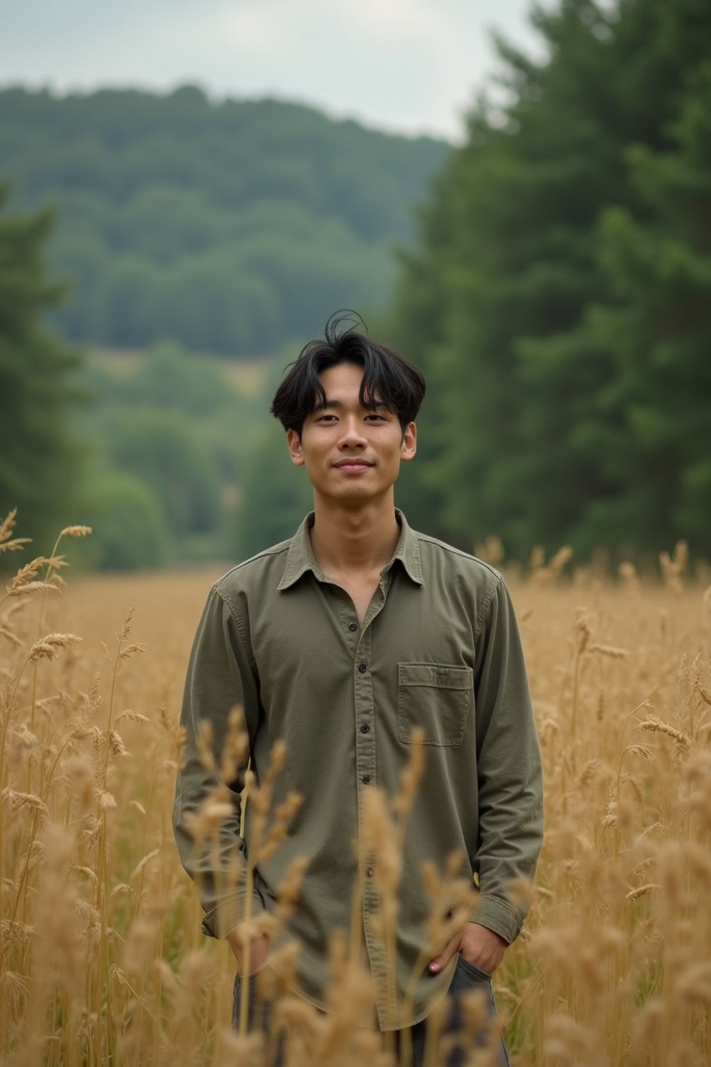 man outside in nature in forest or jungle or a field of wheat enjoying the natural world