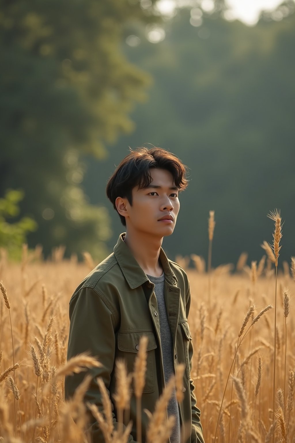 man outside in nature in forest or jungle or a field of wheat enjoying the natural world