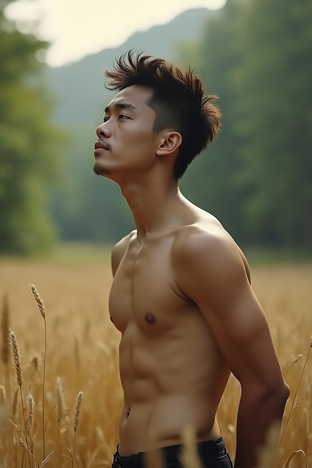 man outside in nature in forest or jungle or a field of wheat enjoying the natural world