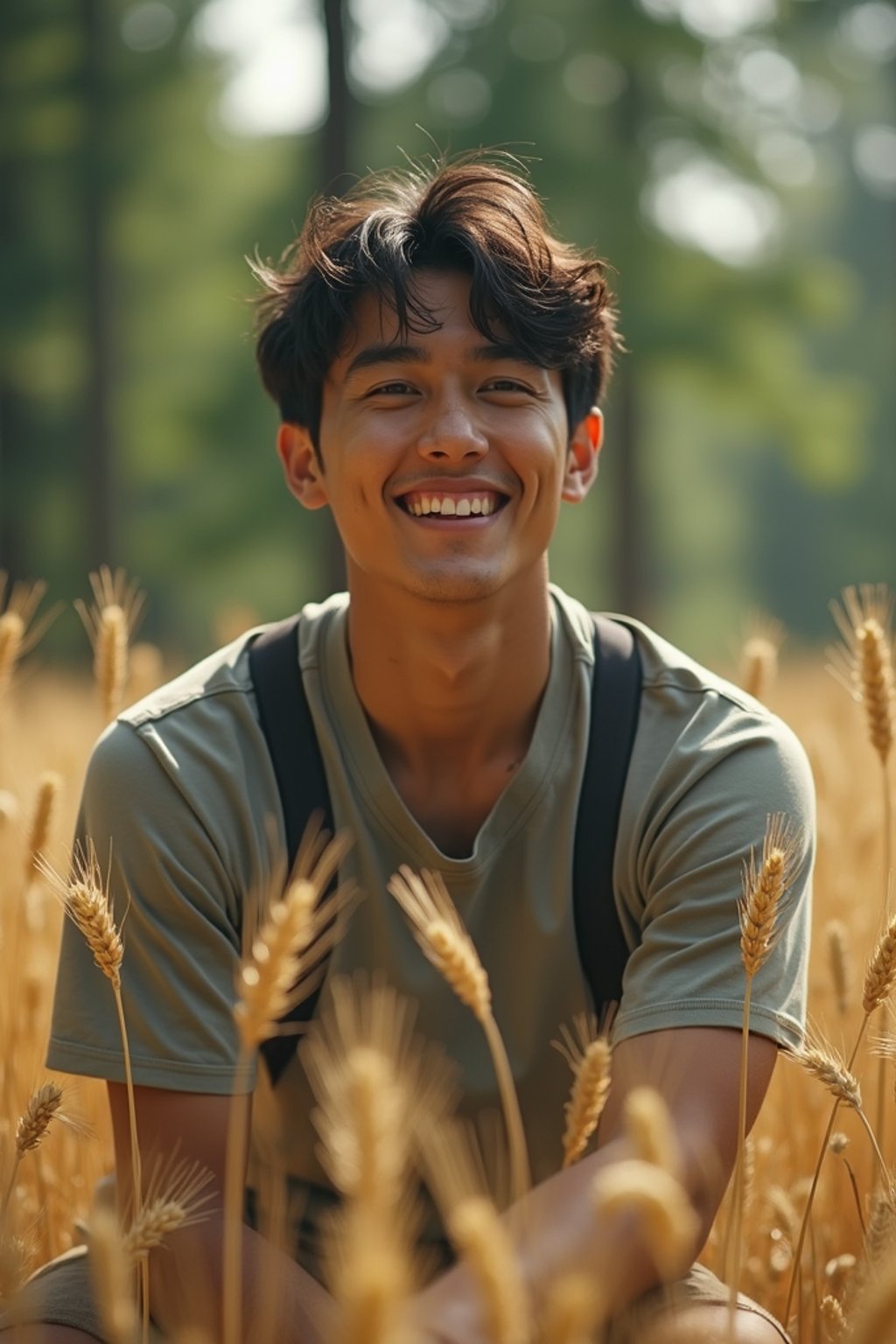 man outside in nature in forest or jungle or a field of wheat enjoying the natural world