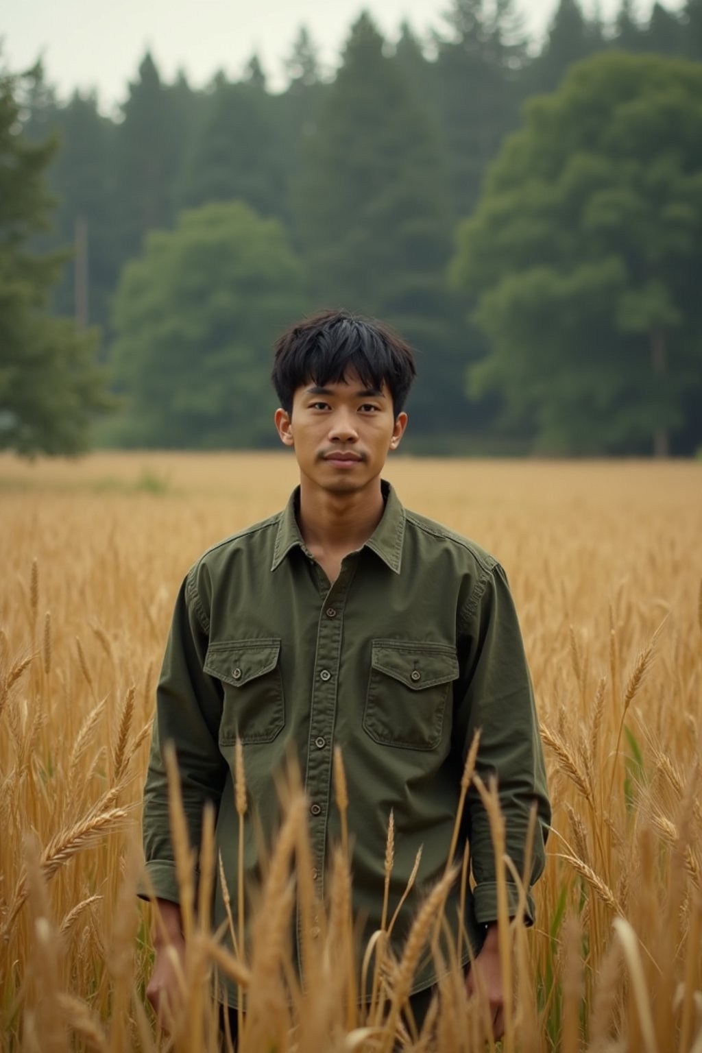 man outside in nature in forest or jungle or a field of wheat enjoying the natural world