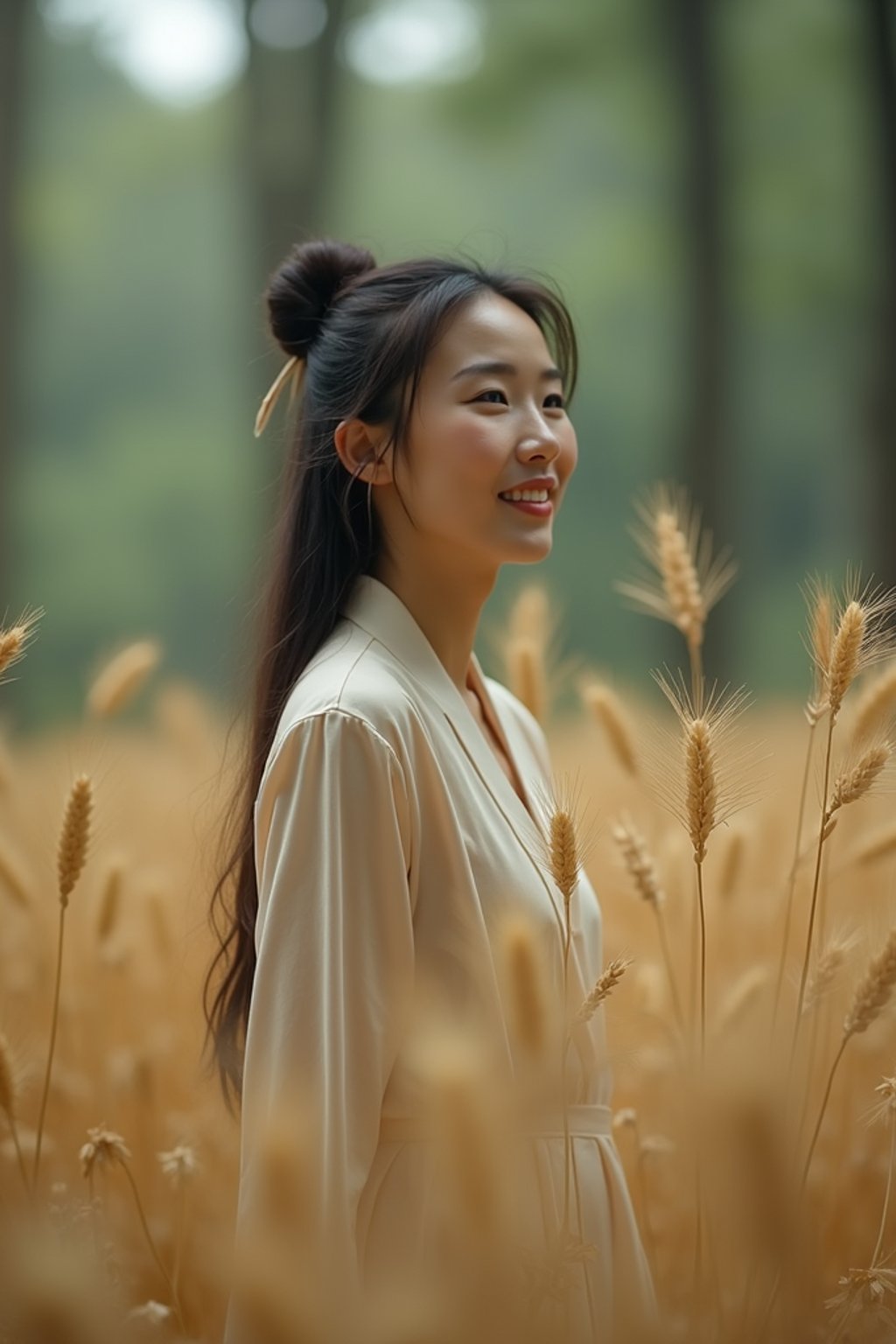 woman outside in nature in forest or jungle or a field of wheat enjoying the natural world