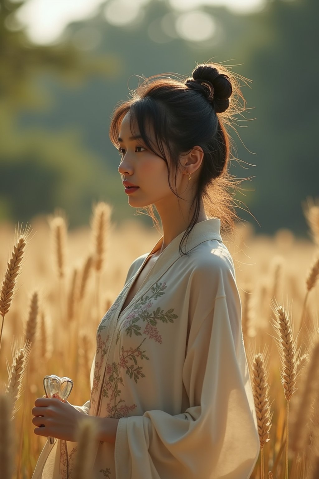 woman outside in nature in forest or jungle or a field of wheat enjoying the natural world