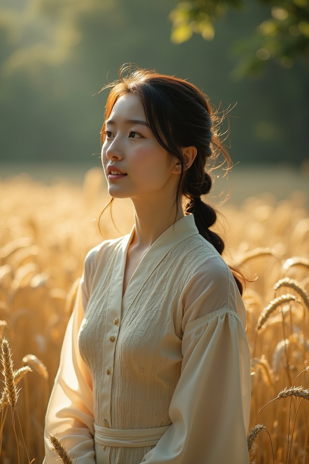 woman outside in nature in forest or jungle or a field of wheat enjoying the natural world