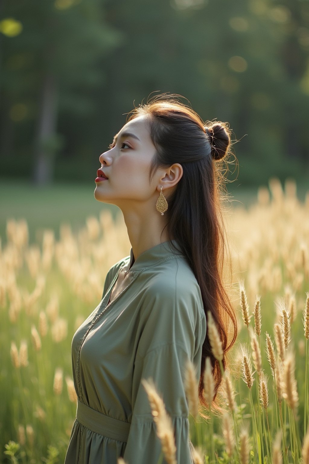 woman outside in nature in forest or jungle or a field of wheat enjoying the natural world