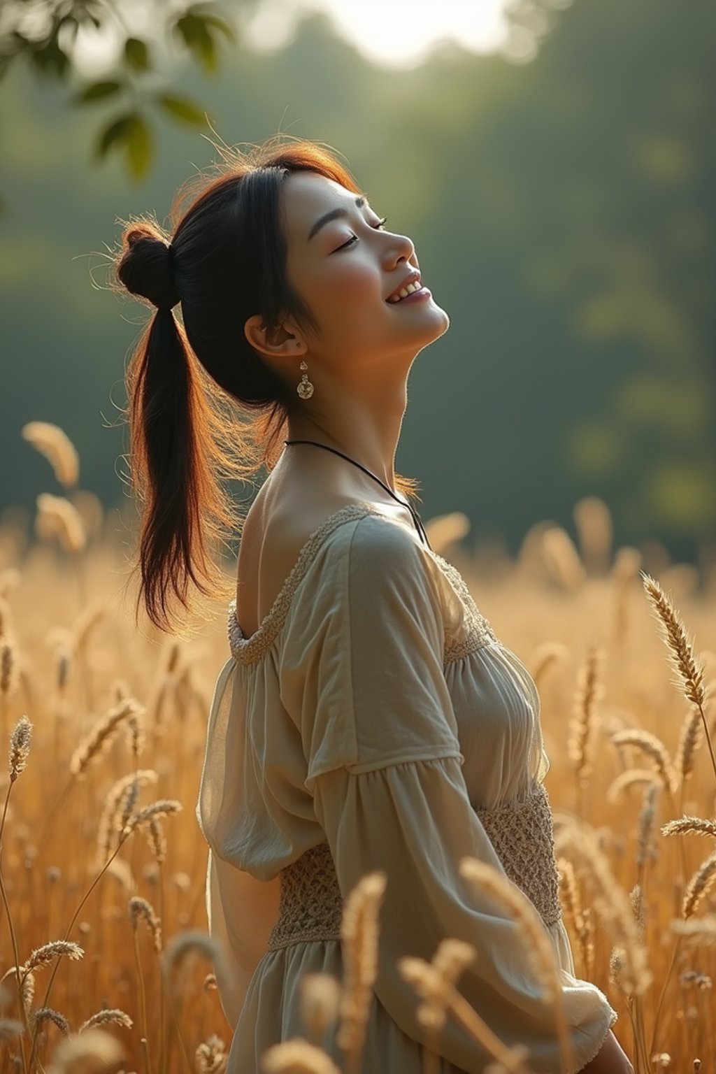 woman outside in nature in forest or jungle or a field of wheat enjoying the natural world