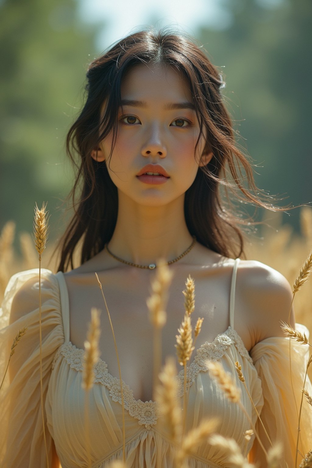 woman outside in nature in forest or jungle or a field of wheat enjoying the natural world