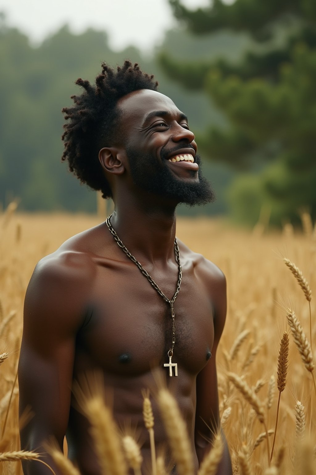 man outside in nature in forest or jungle or a field of wheat enjoying the natural world