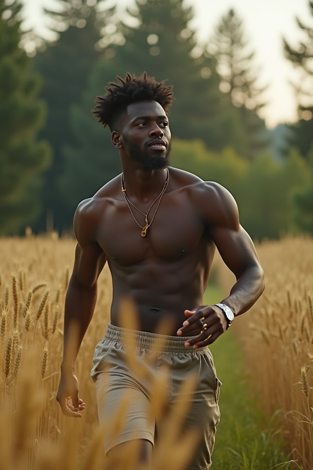 man outside in nature in forest or jungle or a field of wheat enjoying the natural world