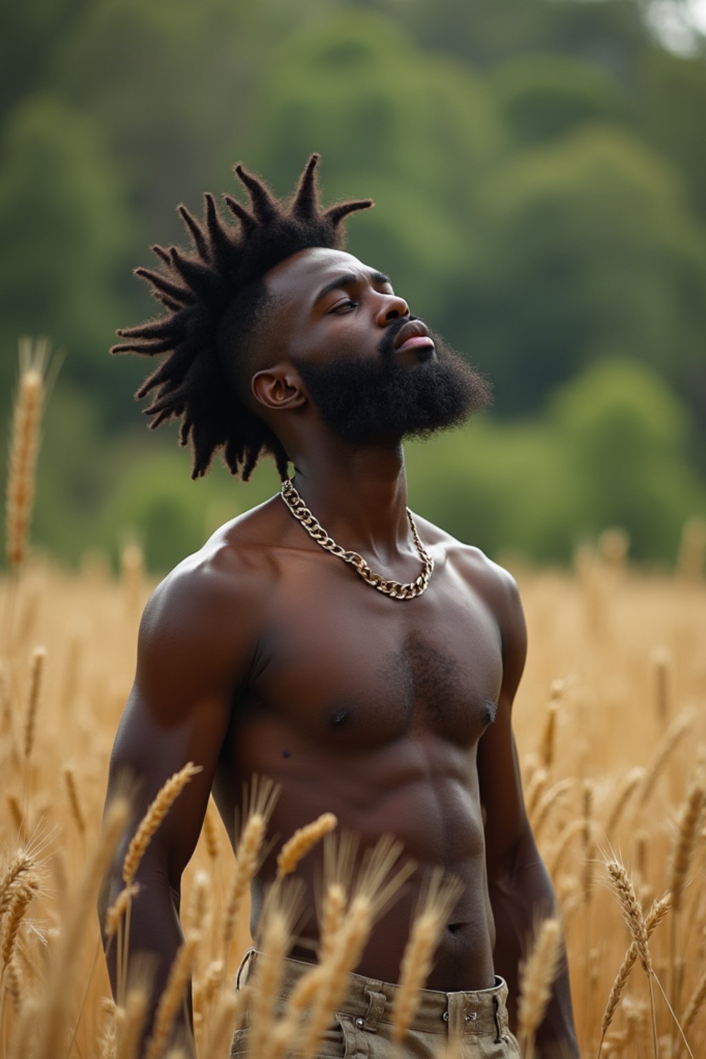 man outside in nature in forest or jungle or a field of wheat enjoying the natural world