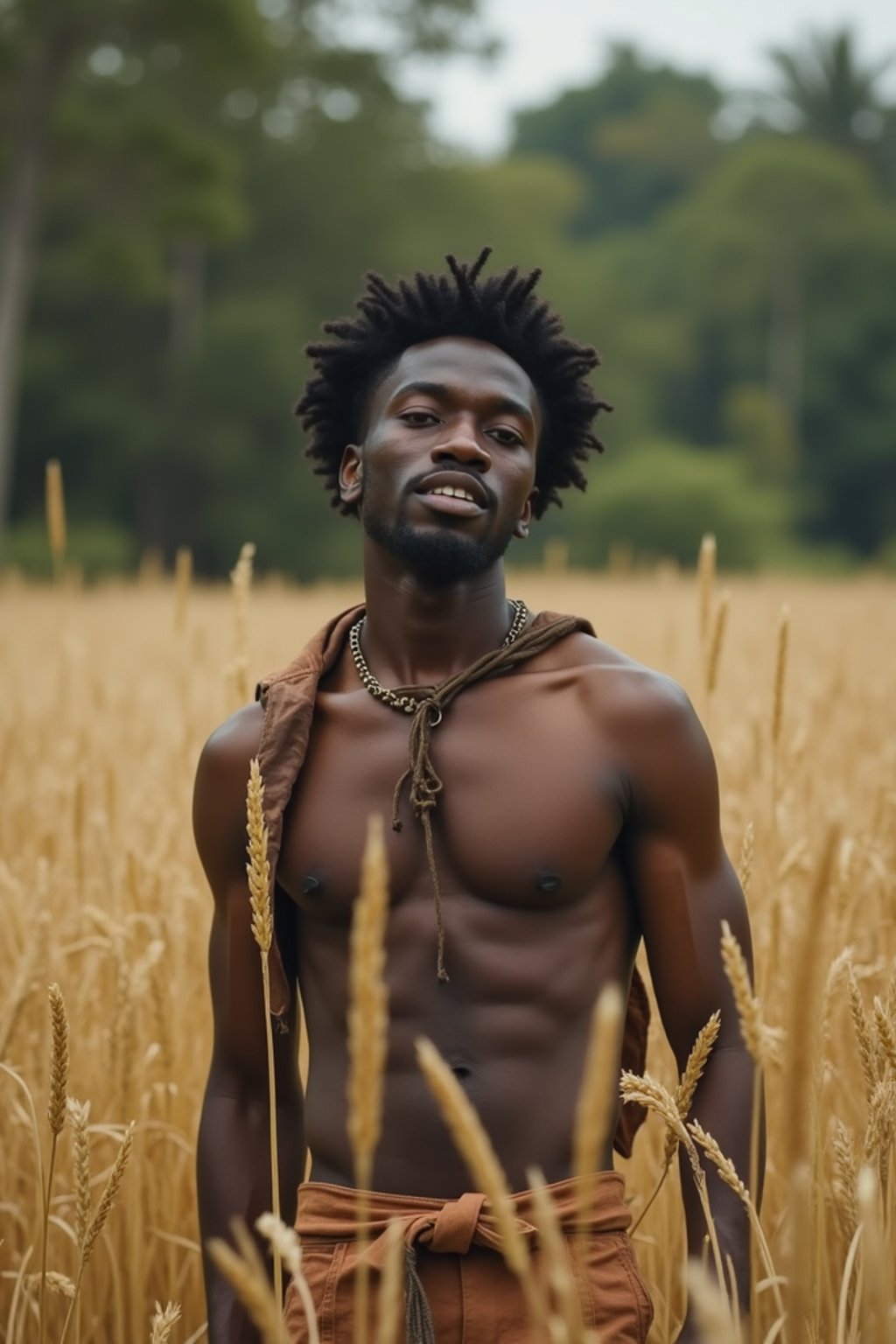 man outside in nature in forest or jungle or a field of wheat enjoying the natural world