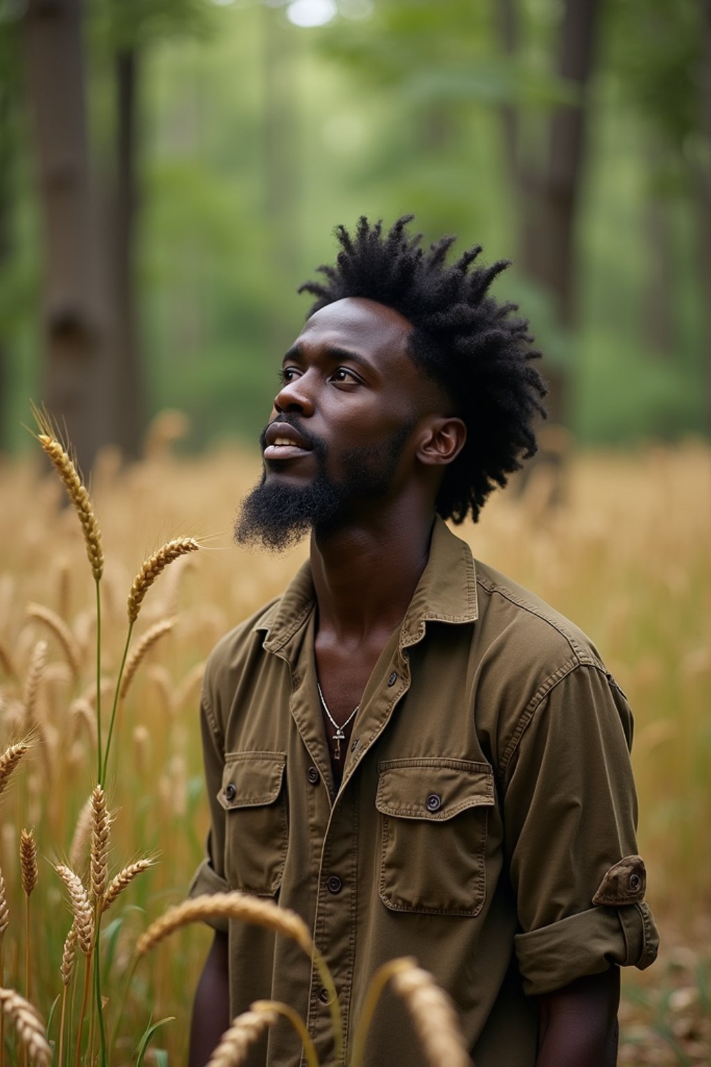 man outside in nature in forest or jungle or a field of wheat enjoying the natural world