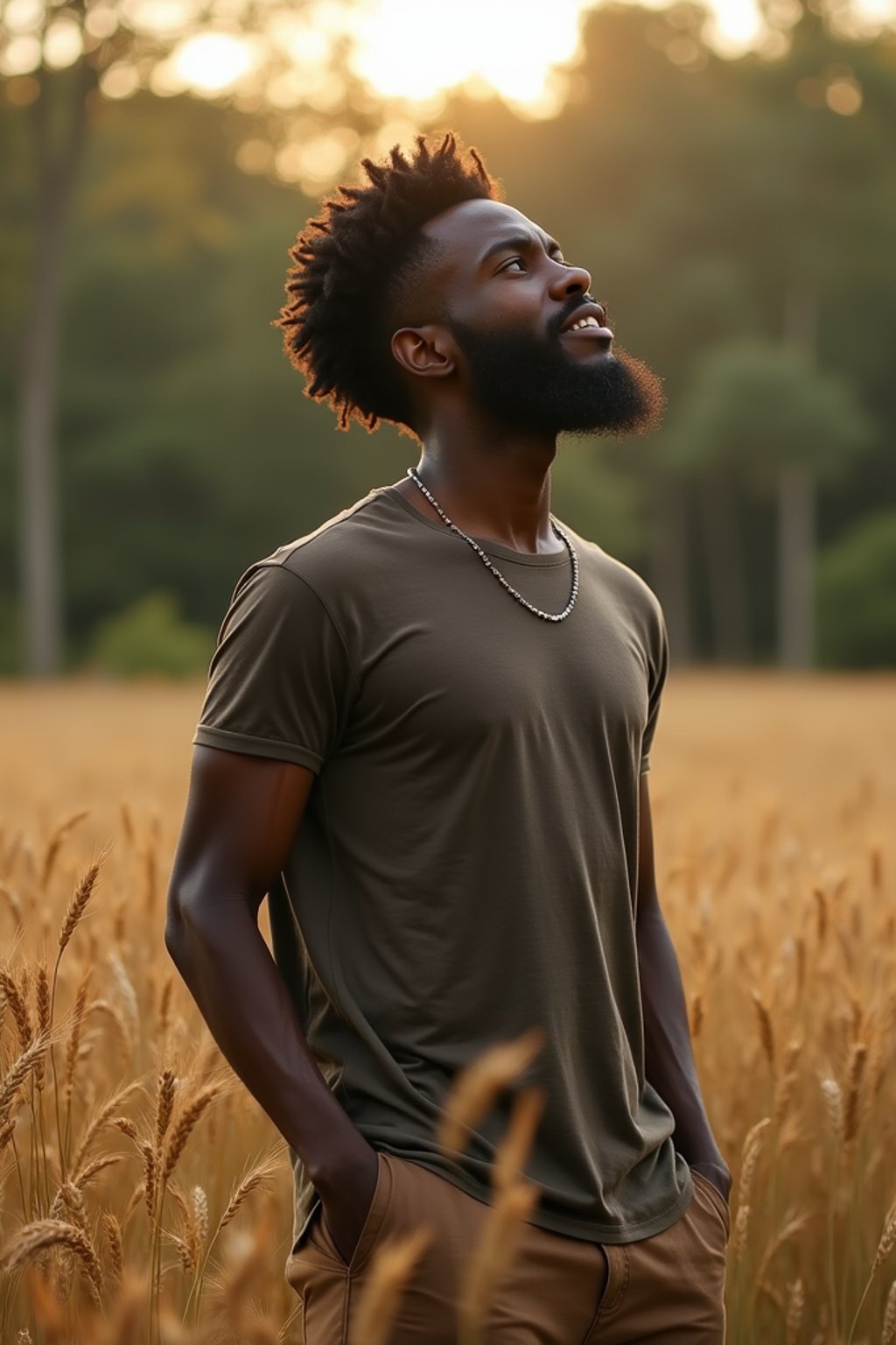 man outside in nature in forest or jungle or a field of wheat enjoying the natural world