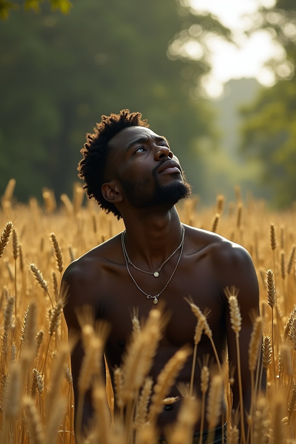 man outside in nature in forest or jungle or a field of wheat enjoying the natural world