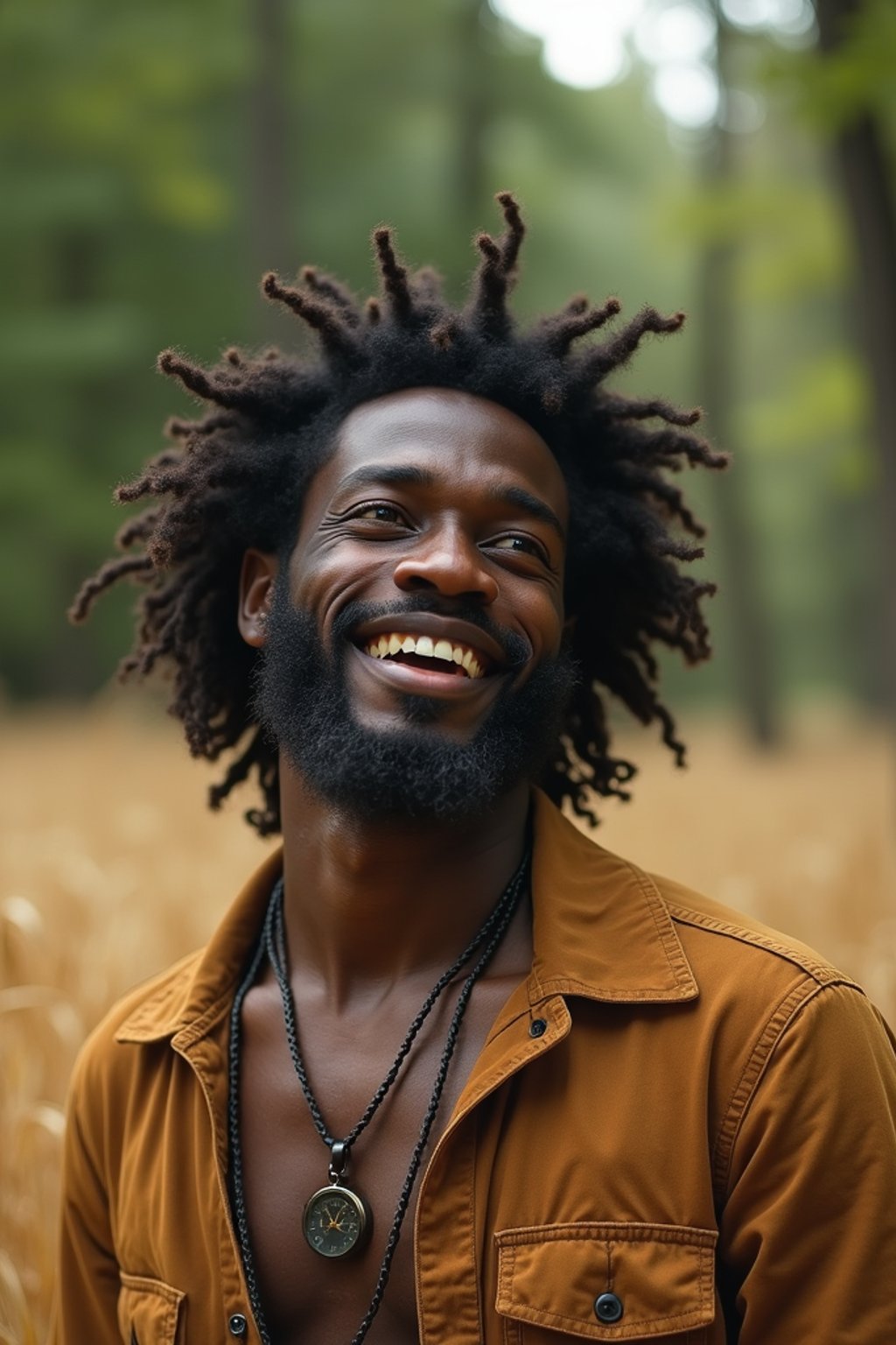 man outside in nature in forest or jungle or a field of wheat enjoying the natural world