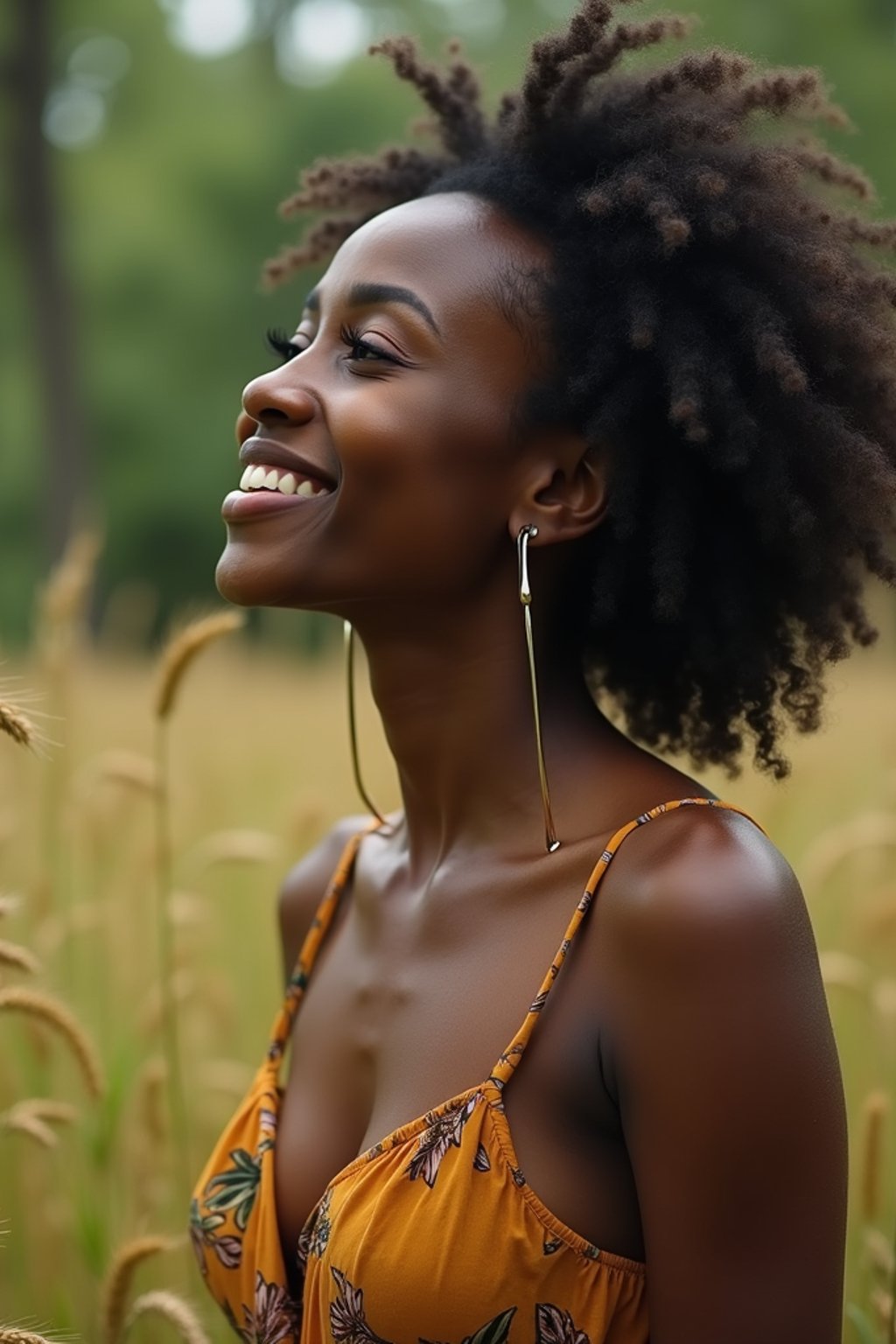 woman outside in nature in forest or jungle or a field of wheat enjoying the natural world