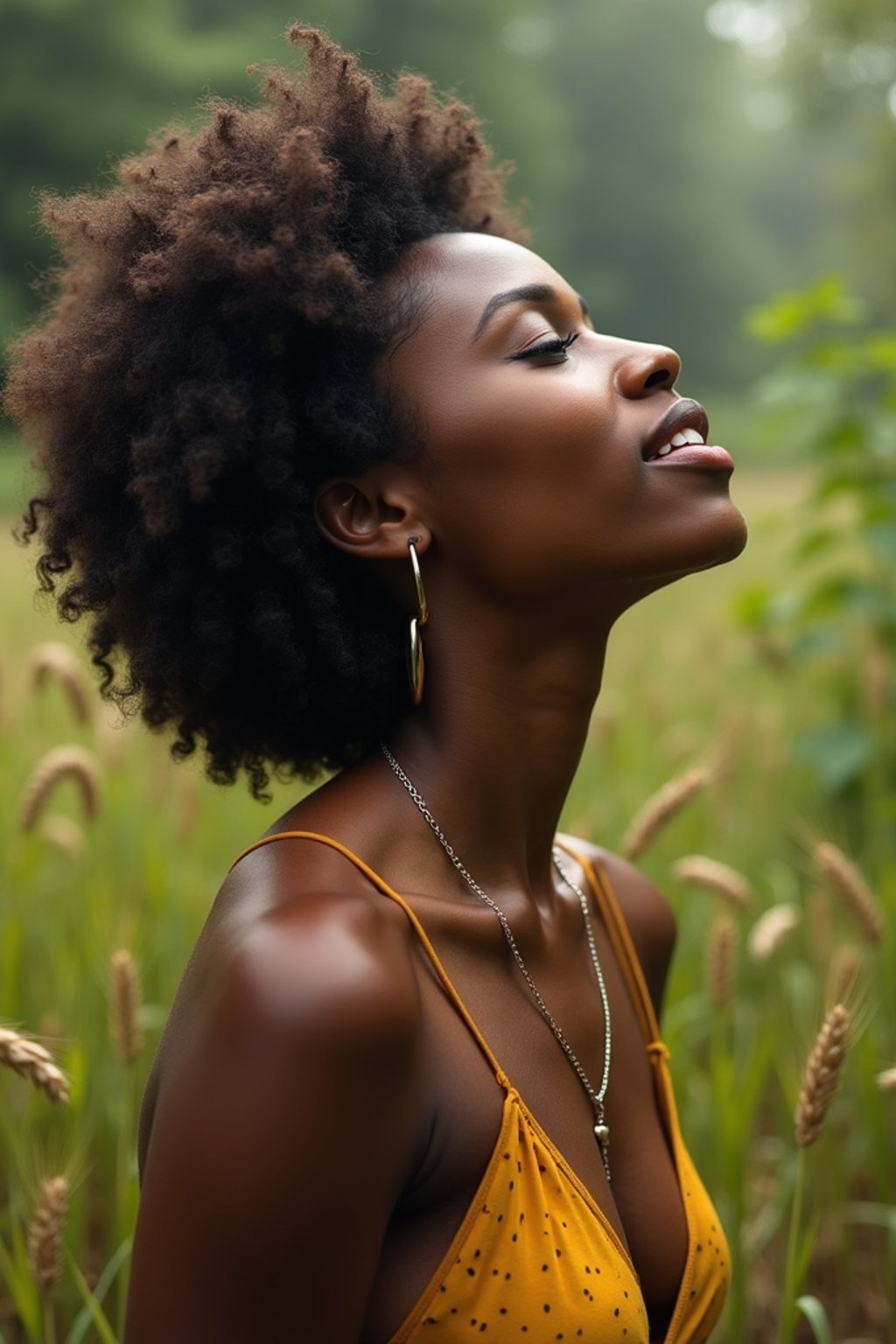 woman outside in nature in forest or jungle or a field of wheat enjoying the natural world