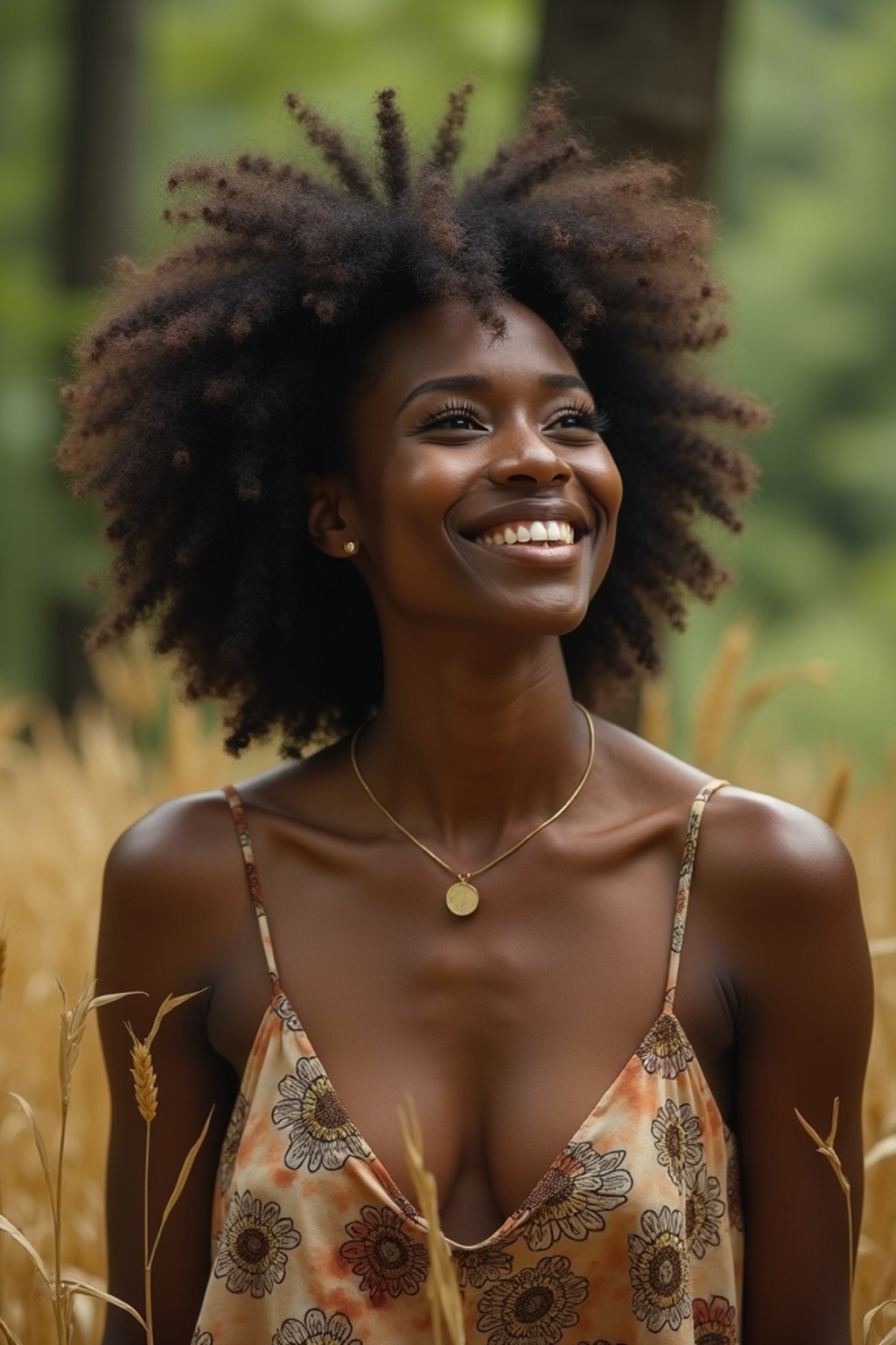 woman outside in nature in forest or jungle or a field of wheat enjoying the natural world