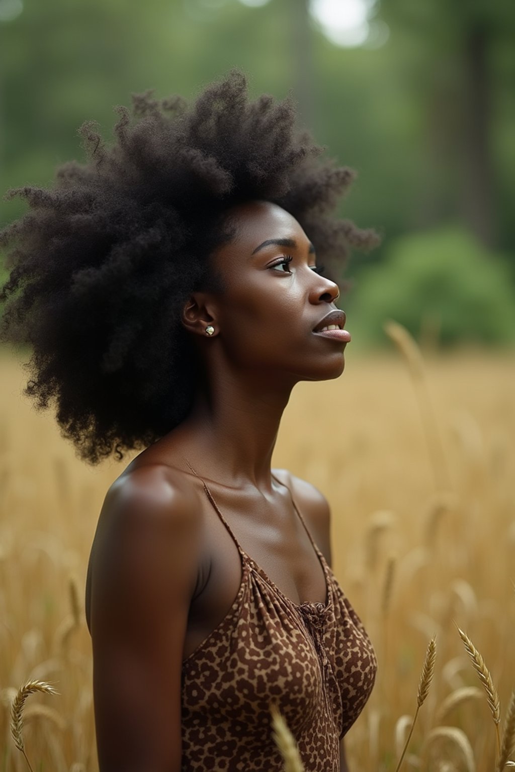 woman outside in nature in forest or jungle or a field of wheat enjoying the natural world