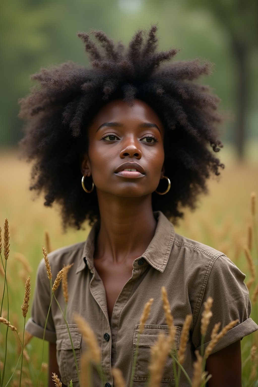 woman outside in nature in forest or jungle or a field of wheat enjoying the natural world