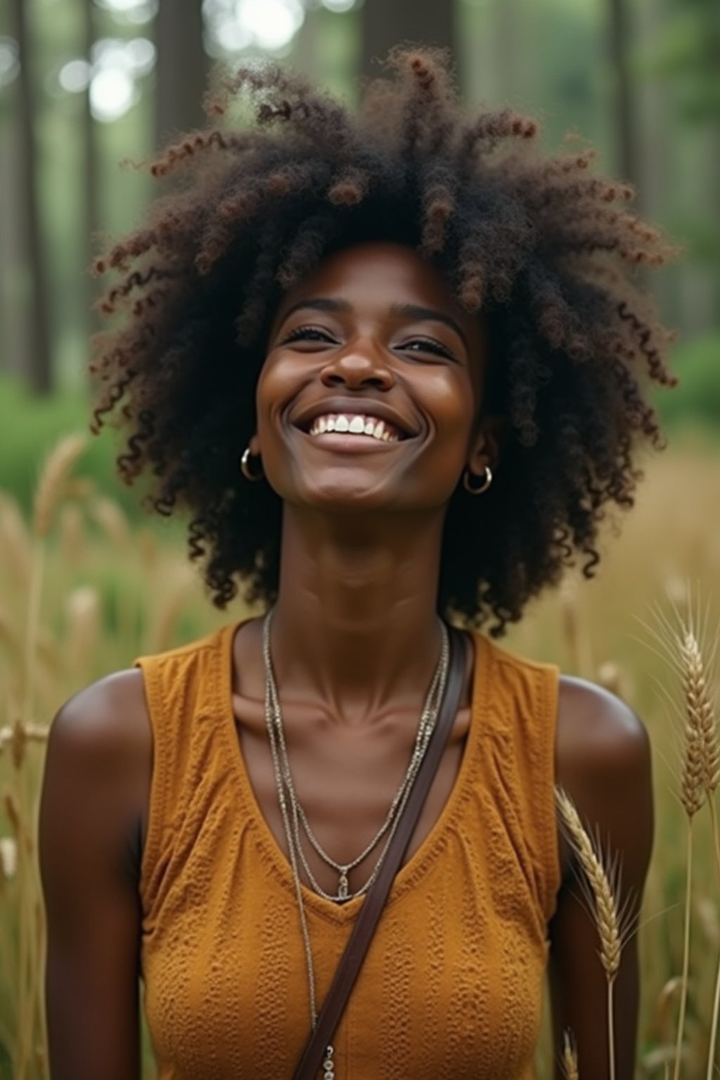 woman outside in nature in forest or jungle or a field of wheat enjoying the natural world