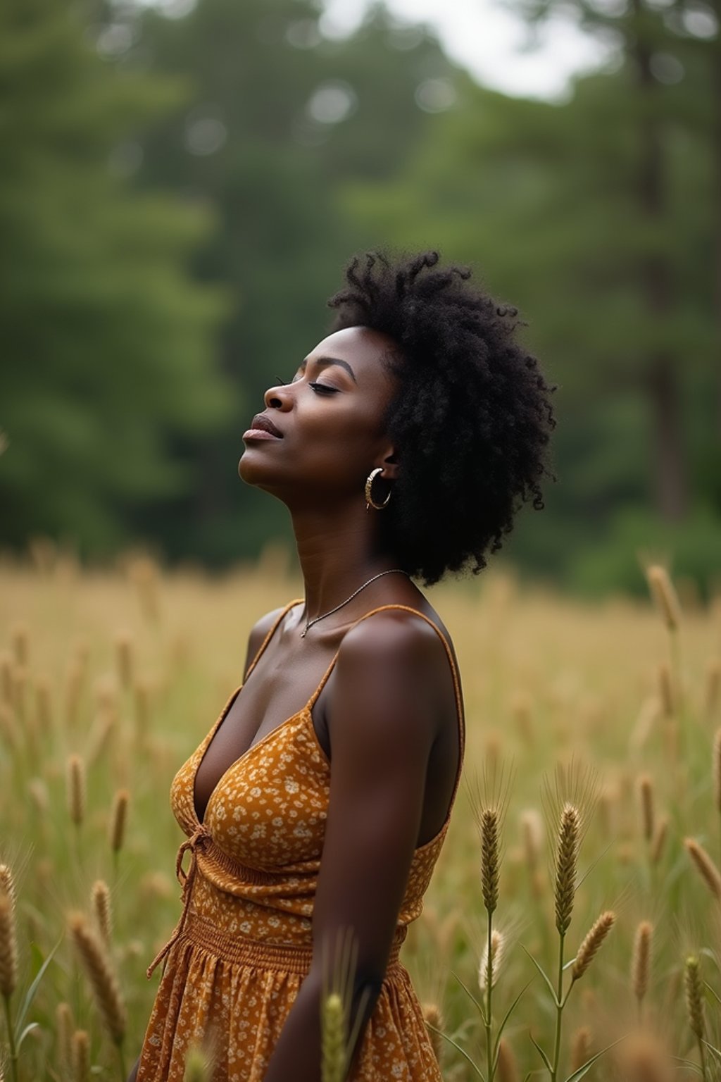 woman outside in nature in forest or jungle or a field of wheat enjoying the natural world