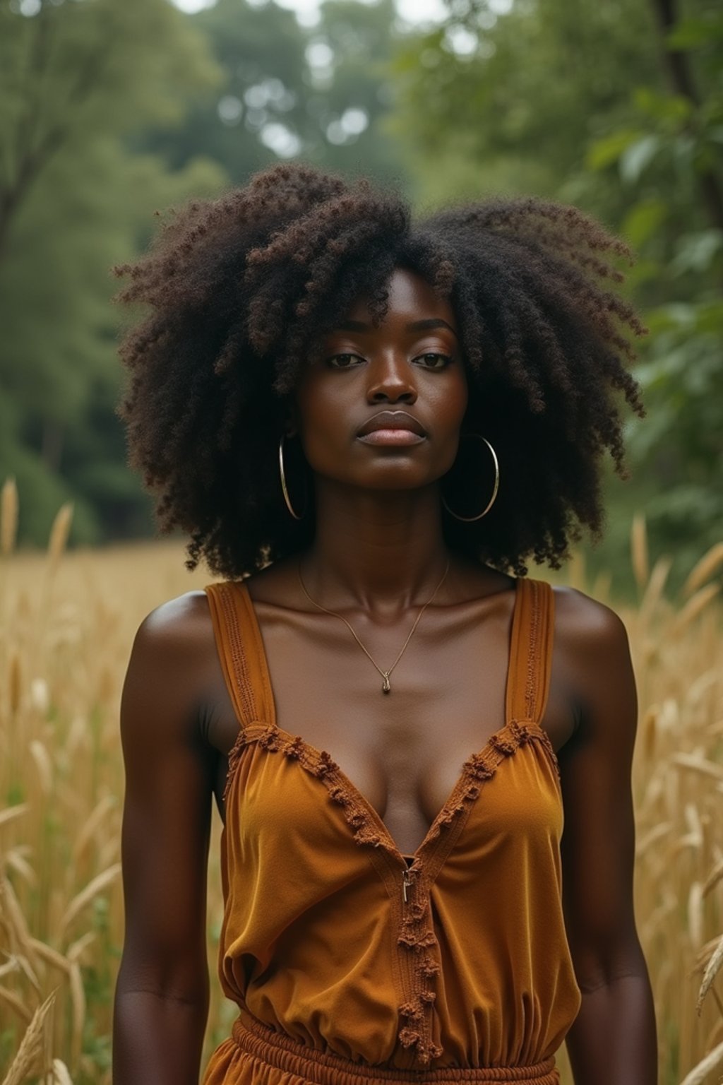 woman outside in nature in forest or jungle or a field of wheat enjoying the natural world