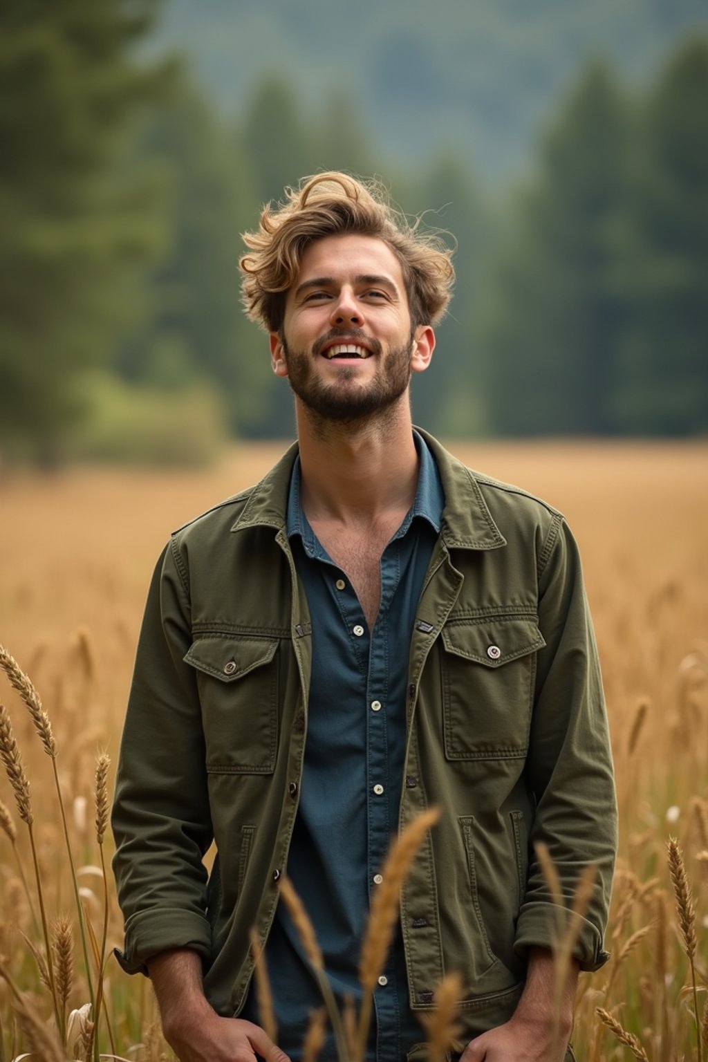 man outside in nature in forest or jungle or a field of wheat enjoying the natural world