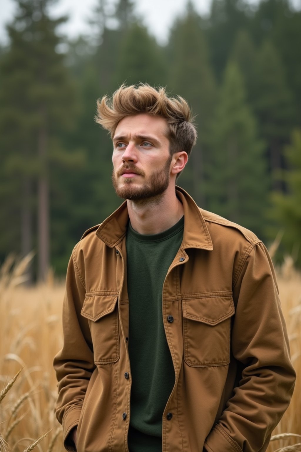 man outside in nature in forest or jungle or a field of wheat enjoying the natural world