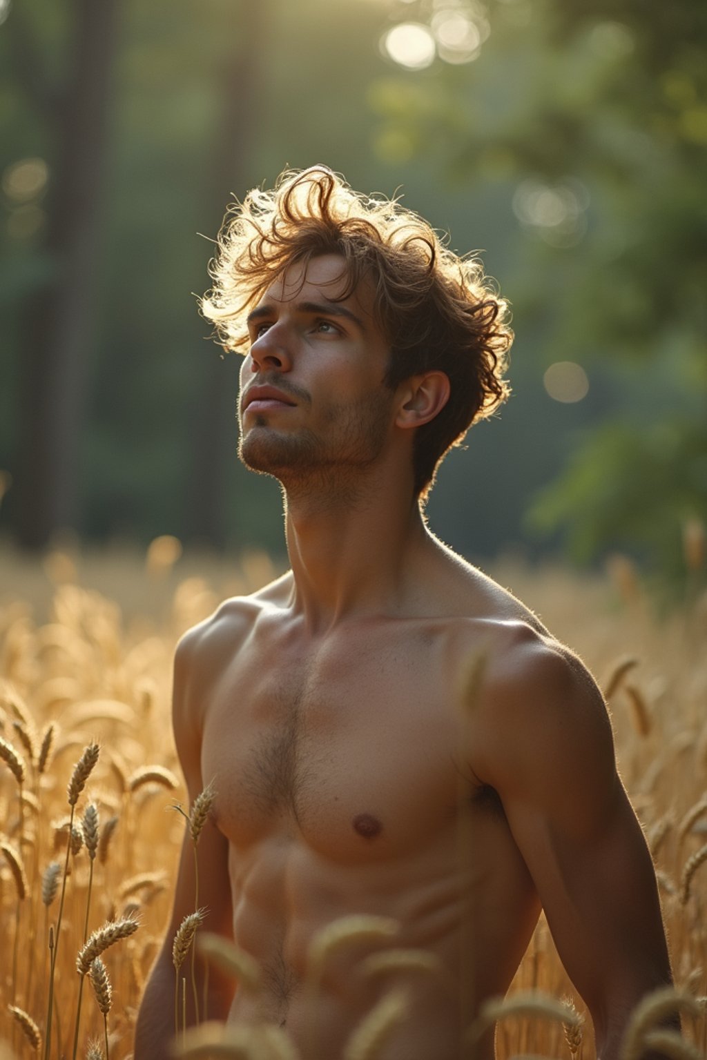 man outside in nature in forest or jungle or a field of wheat enjoying the natural world