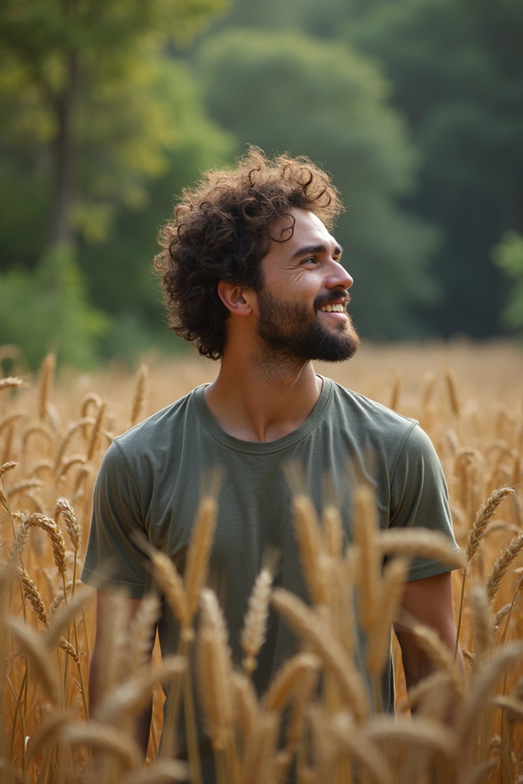 man outside in nature in forest or jungle or a field of wheat enjoying the natural world