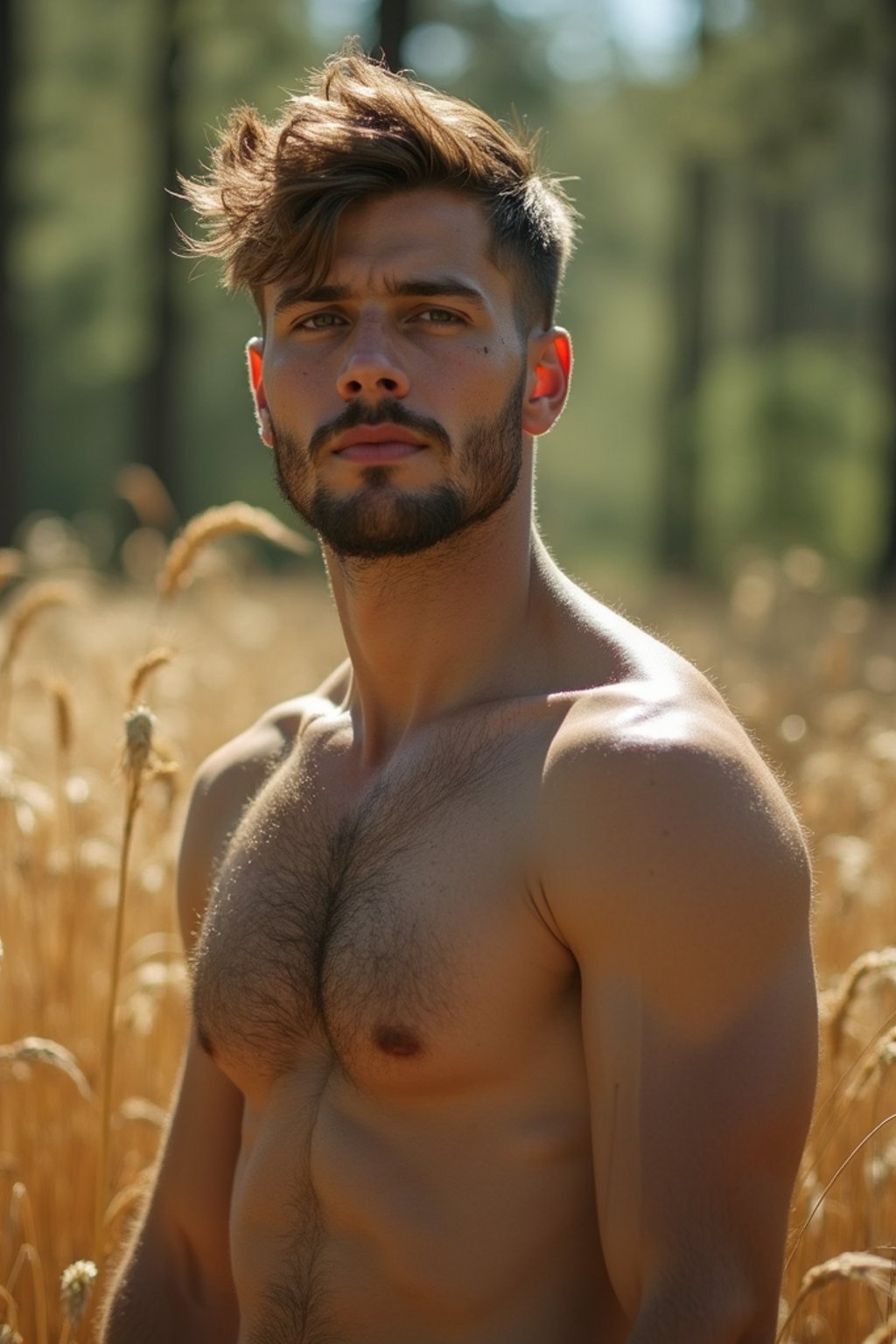 man outside in nature in forest or jungle or a field of wheat enjoying the natural world