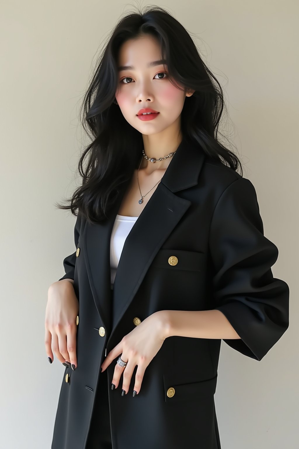 Korean woman (with black hair) (as korean kpop k-pop idol) posing for photo, wearing Korean clothes, Korean fashion, Korean fashion, Korean makeup, (in front of solid background)