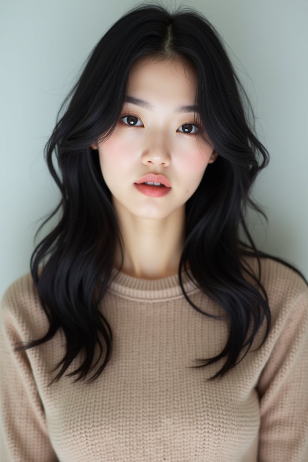 Korean woman (with black hair) (as korean kpop k-pop idol) posing for photo, wearing Korean clothes, Korean fashion, Korean fashion, Korean makeup, (in front of solid background)