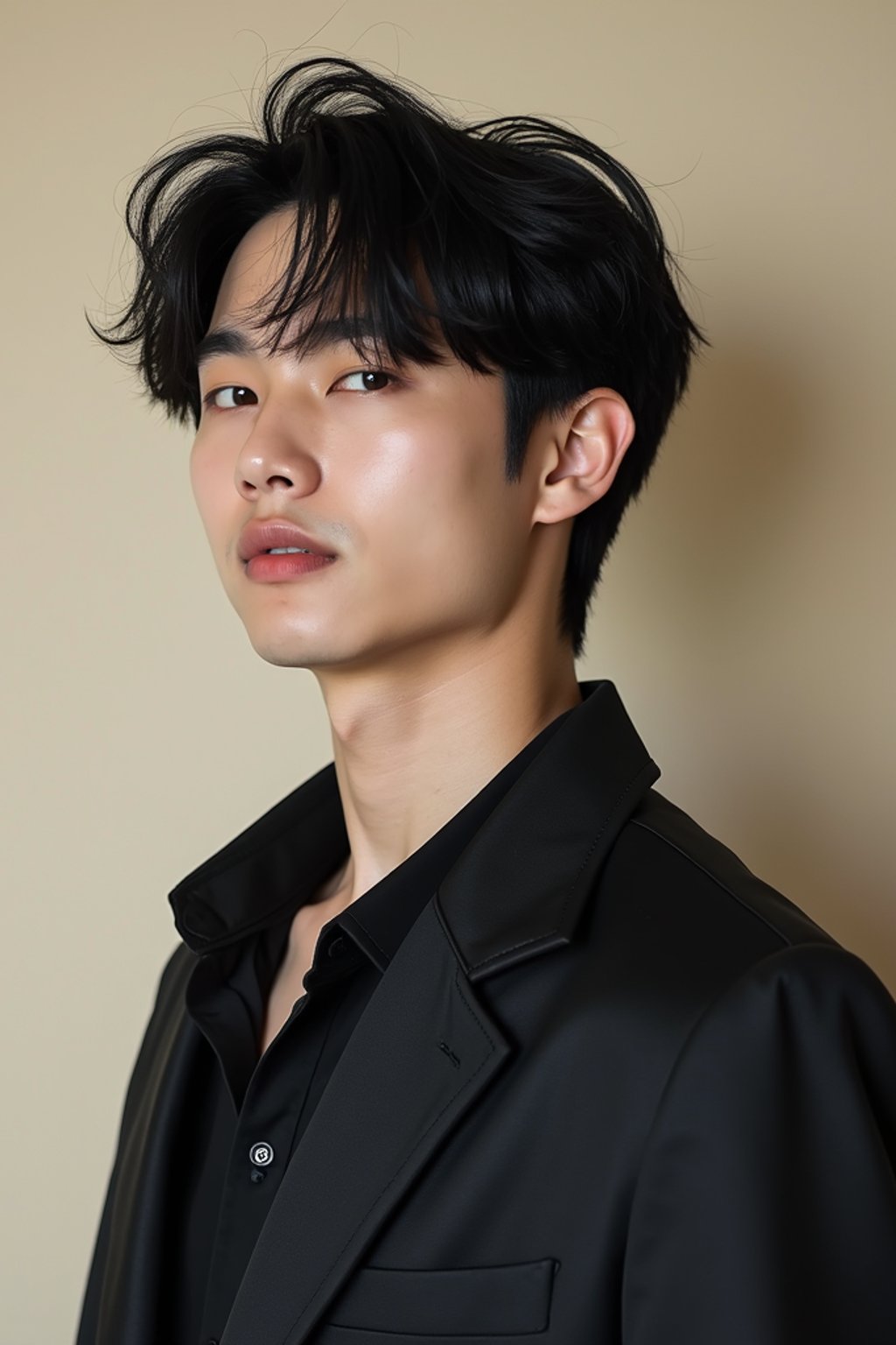 Korean man (with black hair) (as korean kpop k-pop idol) posing for photo, wearing Korean clothes, Korean fashion, Korean fashion, Korean makeup, (in front of solid background)