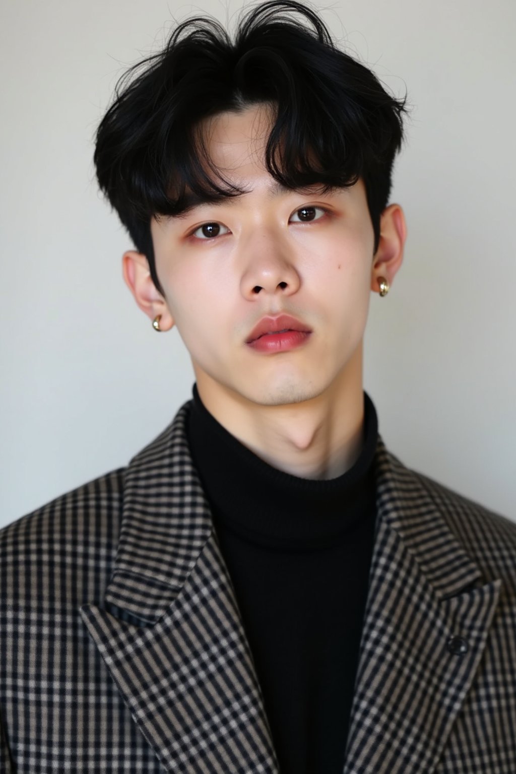 Korean man (with black hair) (as korean kpop k-pop idol) posing for photo, wearing Korean clothes, Korean fashion, Korean fashion, Korean makeup, (in front of solid background)